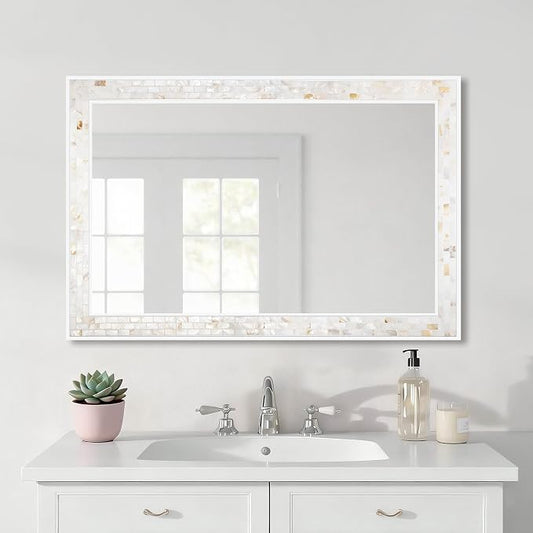 Mosaic Bathroom Mirrors for Wall 24x36 Inch, Natural Mother of Pearl Inlay - Image 2