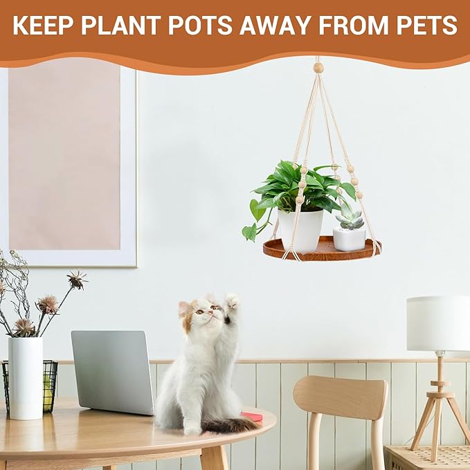 SUREAM Macrame Plant Shelf Hangers, Large Hanging Baskets for Plants with Flower CutOuts and Handmade Cotton, Indoor Outdoor Plant Hangers with Wood Tray for Garden Home Decor - No Plant/Pot Included