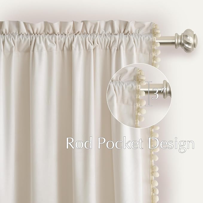 NICETOWN Cute Pom-Pom Trim Velvet Curtains 8 ft Long, Ivory White – Delicate - Image 5