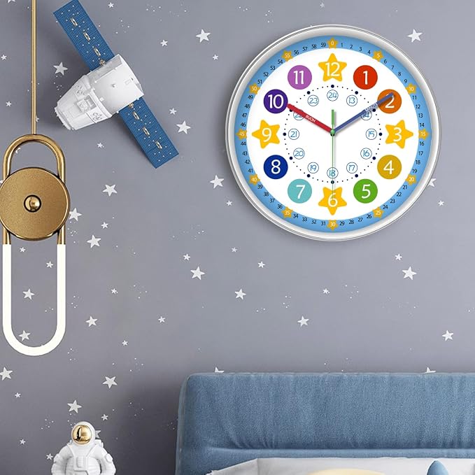 XFM Blue Kids Wall Clock 14 Inch Silent Non Ticking Quartz Battery Operated - Image 2