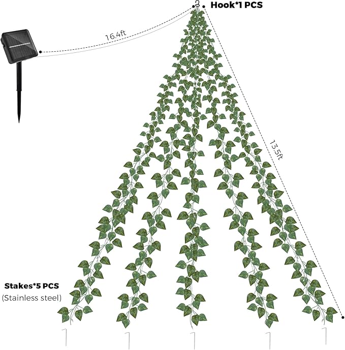 13.5FT*5 Branches Fake Vines with Fairy Lights, Solar Powered Ivy String Lights, 8 Modes Fake Plant Light, Waterproof Triangular Leaf Light for Eaves, Tree, Patio, Garden, Yard, Wedding Decoration