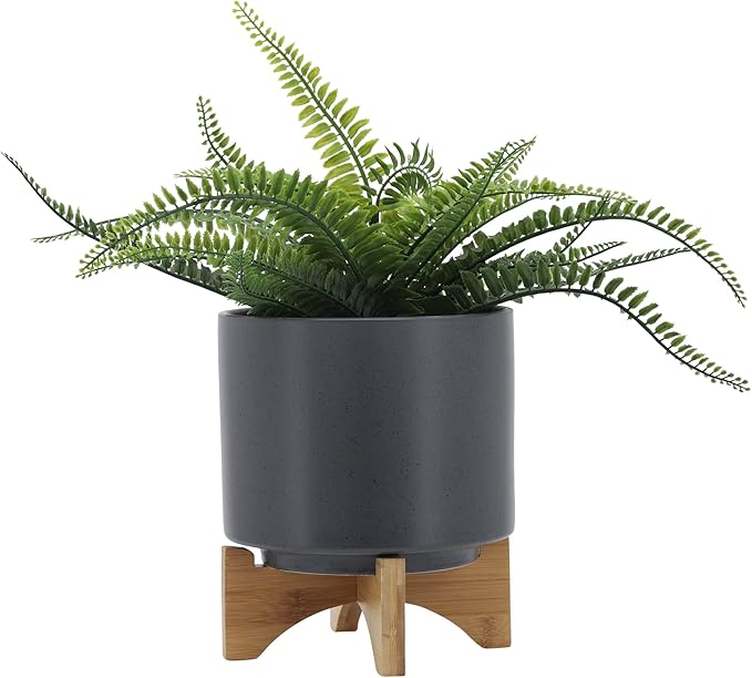Sagebook Home 8" Ceramic Planter, Matte Gray Planter, Indoor/Outdoor Planter on Wooden Stand - Use for Succulent Pot, Plants, Flowers and More