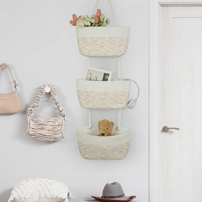 TeoKJ Over the Door Hanging Basket, 3-Tier Woven Cotton Wall-Mounted Storage - Image 3