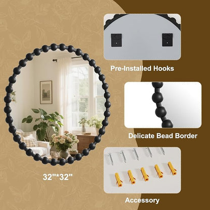 Easly Round Mirror for Wall, 32 Inch Black Beaded Frame Decorative Vanity Mirror - Image 4