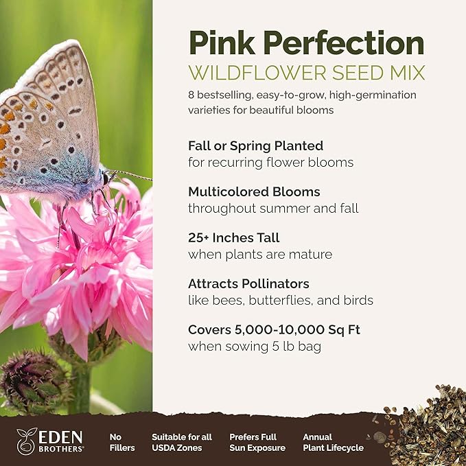 Eden Brothers Pink Perfection Flower Mixed Seeds for Planting, 5 lb, 2,400,000+ Seeds with Zinnia, Cosmos Versailles | Attracts Pollinators, Plant in Spring or Fall, Zones 3, 4, 5, 6, 7, 8, 9, 10