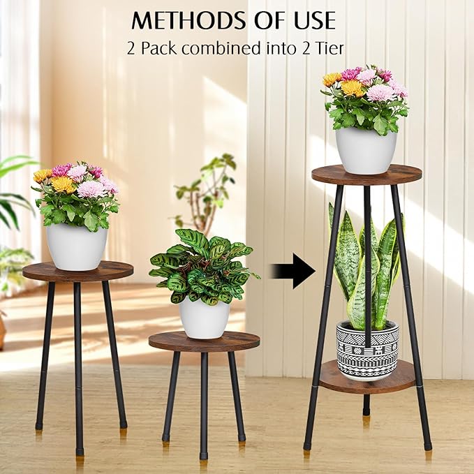 2 Pack Indoor Plant Stand, Mid-Century Wooden Style Plant Holder, Indoor Outdoor Flower Stand,Small Round Table, Two Different Sizes(Black)