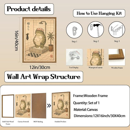 Funny Japanese Frog Bathroom Wall Art Whimsical Frog Shower Wall Decor 12x16 - Image 3