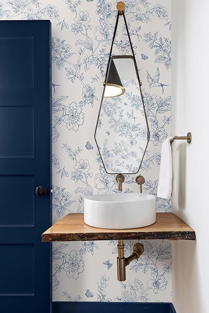 Froluya Cream White and Blue Floral Wallpaper Peel and Stick Wallpaper - Image 2