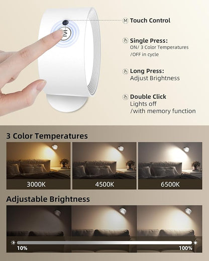 LED Wall Mounted Lights, Rechargeable Wall Sconces Lamp, 3 Color Temps & Remote - Image 3