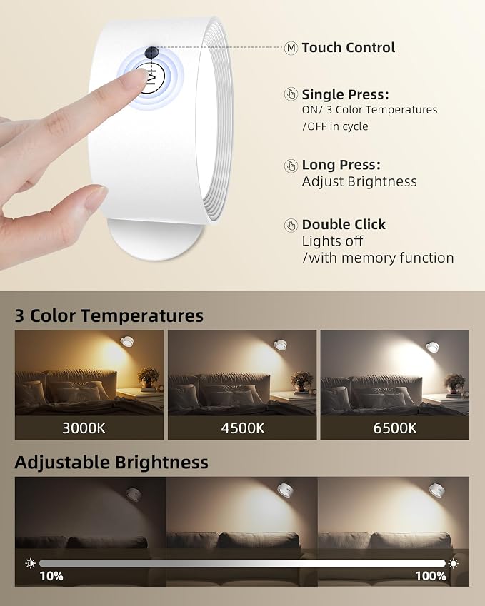 LED Wall Mounted Lights, Rechargeable Wall Sconces Lamp, 3 Color Temps & Remote - Image 4