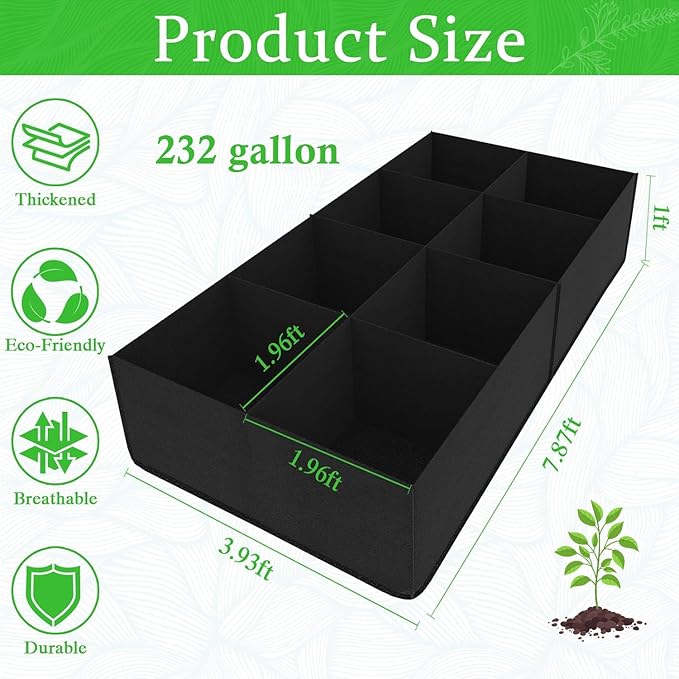 POILKMNI Fabric Raised Garden Bed, 232 Gallon 8 Grids Plant Grow Bags 8x4x1ft Large Garden Grow Bed Bags for Growing Herbs, Flowers and Vegetables