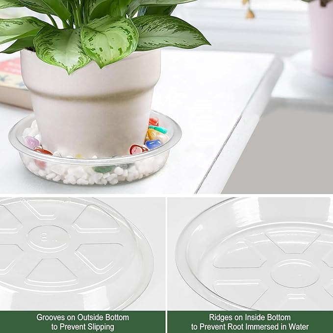 BORPEIN Plant Saucer (8,10,12inch, 18 Pack) Clear Plastic Plant Trays for Pots Indoors Outdoors,Thicker Flower Pot Saucers, Plant Plate to Catch Water