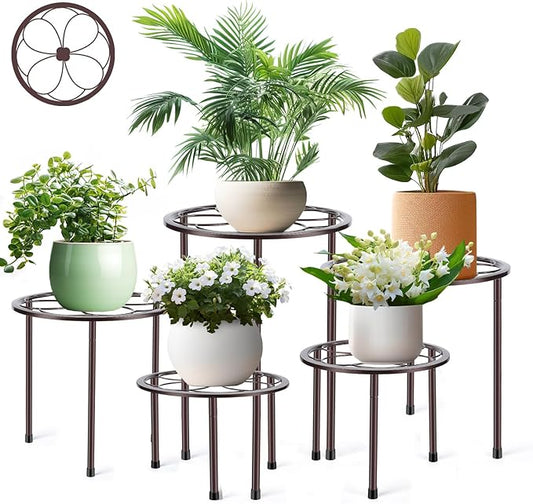 5 Pack Metal Plant Stand, Anti-Rust Iron Plant Stands for Indoor and Outdoor, Heavy Duty Flower Pot Stands for Multiple Plant, Black Potted Plant Holder for Garden Home (5 Pack Brown)