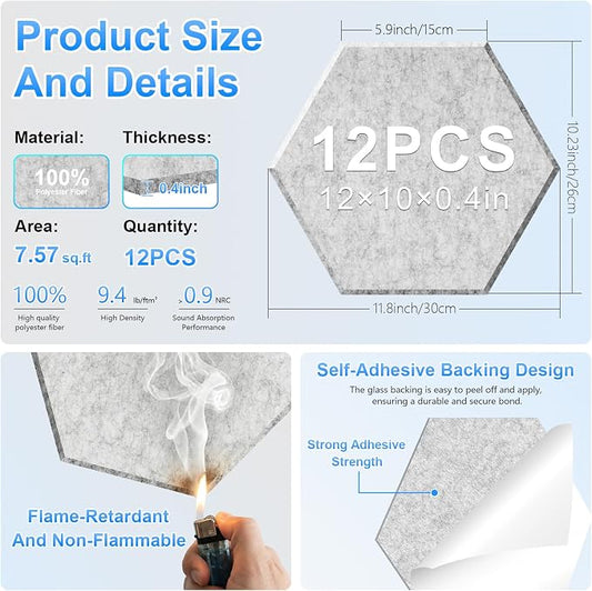 12 Pack Hexagon Acoustic Panels, Self-Adhesive Sound Deadening Panels, Sound - Image 2