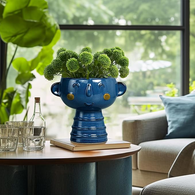 Face Planter Pot Head 7 Inch - Cute Ceramic Head Planter for Indoor Outdoor Plants Unique Flower Pot with Drainage Hole Gift Ideas for Christmas Blue