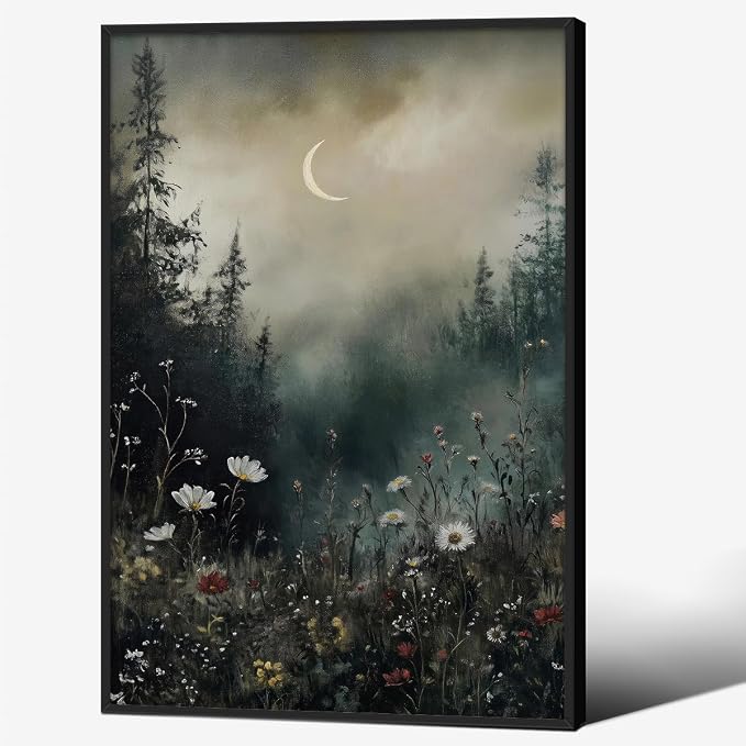 Dark Flower Field Poster Vintage Moody Academia Wall Art 16X24 inch Black by rumlud