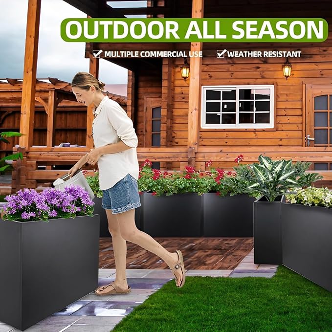 Metal Tall Long Planter Box Large Rectangular Planter Flower Pot with Drainage Holes for Indoor Outdoor Deck Porch Garden Home Patio Front Door (Black, S)