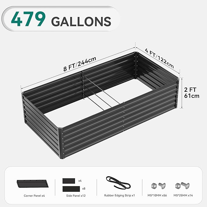 YITAHOME 96x48x24 in 2pcs Galvanized Raised Garden Bed Kit, Large Metal Planter Box with Gloves, Safety Rubber & Support Rod, Outdoor Flower Bed for Plants Vegetables, Black