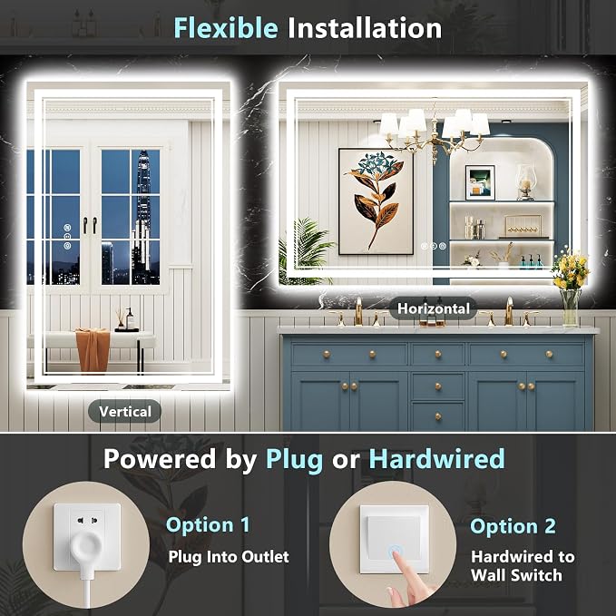 50x40 LED Bathroom Mirror with Lights, Backlit and Front Lit Anti-Fog Lighted - Image 6