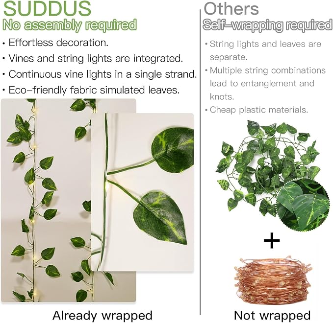 suddus Vine with Fairy Lights Battery Operated, 33ft100 LED Pothos String - Image 4