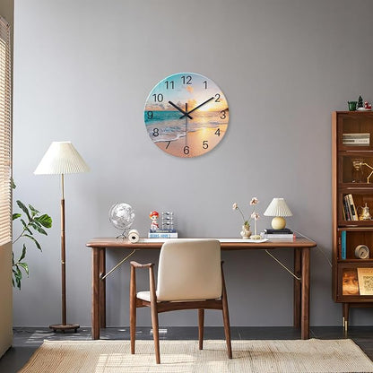 Beach Wall Clock Battery Operated 12 Inch Glass Wall Clock Non Ticking Analog - Image 3