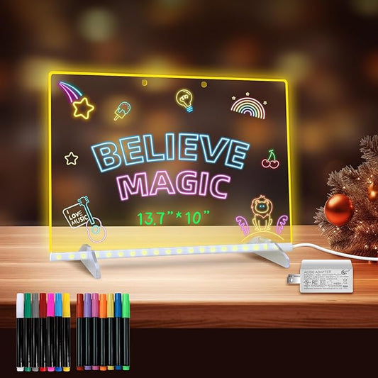 LED Note Board with Highlighters 2 Sets,Doodle Glow Drawing Board,13.7"X10" 6 Modes & 8 Colors, Led Drawing Board for Kids,Gift for Kids Ages 3+,Led Writing Board for Home/Office/Decor