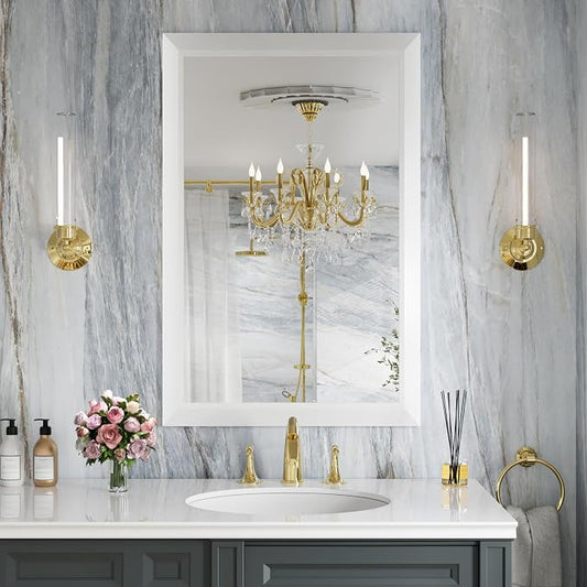 Amorho Bathroom Mirror, 24x36 Inch White Thick Metal Framed Wall Mirrors by Amorho