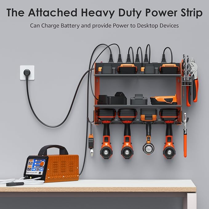 CCCEI Set Power Tool Organizer Wall Mount with Charging Station. Garage 4 Drill Storage Shelf with Hooks, Heavy Duty Metal Tool Battery Charger Organizer. Shop Utility Rack with Power Strip Orange.