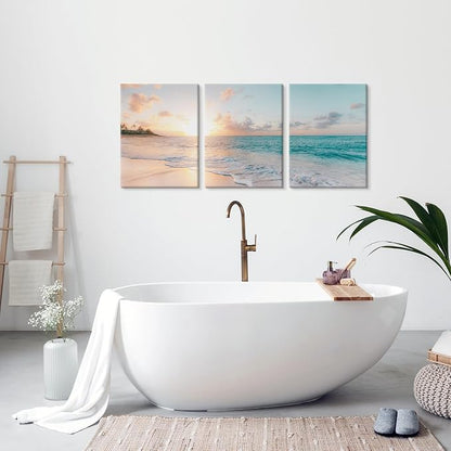 Goldfoilart 3 Pieces Beach Wall Art Sunset Bathroom Canvas Pictures Ocean Wall - Image 2