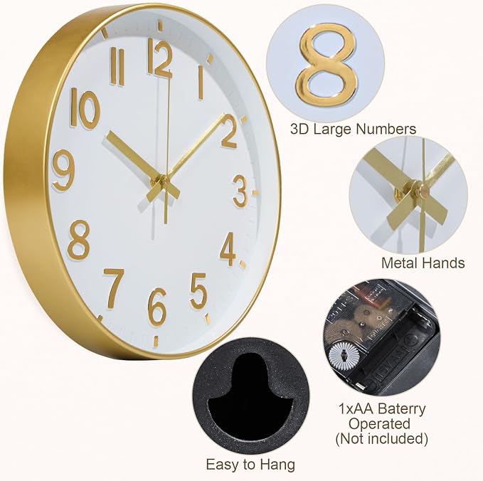 Gold Wall Clocks Battery Operated, 12 Inch Non Ticking Digital Wall Clock - Image 6