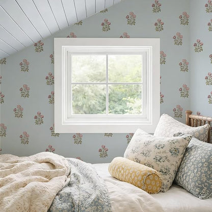 17.3" x 393.7" Vintage Blue Floral Wallpaper Peel and Stick Boho Wallpaper - Image 5
