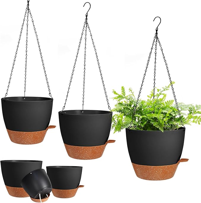 3 Pack Hanging Planter Indoor Outdoor Flower Pots 7/6.5/5 Inch, Self-Watering Hanging Pot with Drainage Holes Hanging Baskets Holder Plant Pots for Garden (Black)
