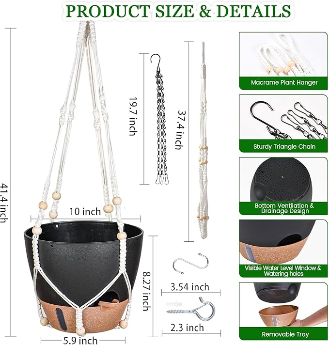 10 Inch Hanging Planters for Indoor Plants, 2 Pack Self Watering Hanging Baskets Flower Pots with Drainage Hole, Visual Reservoir & 2 Kinds of Plant Hanger for Outdoor Garden Home Decor