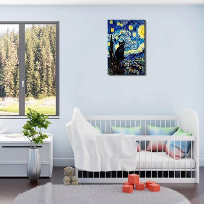 ALMLZL Framed Van Gogh The Starry Night Cat Canvas Wall Art Cute Funny Black - Image 4