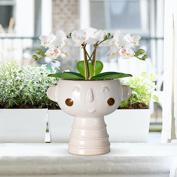 Head Planter for Indoor Plants - 7 Inch Ceramic Face Planter, Cute Succulent Pot with Drainage Hole, Indoor Outdoor Flower Plant Pot, Home Garden Decor, Gift for Plant Lovers, White