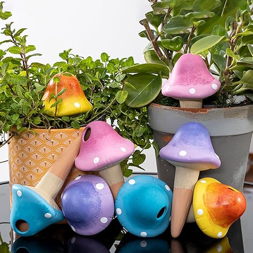 4 Pack Terracotta Watering Spikes, Vacation Self-Watering Planters Devices - Continuous Moisture with Slow Release Watering System - Perfect for Indoor Outdoor Plants (Fantasy Mushroom)