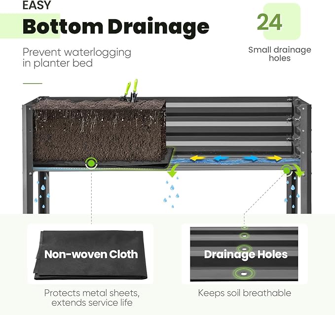 KING BIRD Large Raised Garden Bed with Legs Galvanized Elevated Planter Box 48×24×30 in for Backyard, Patio, Balcony, 400lb Capacity, Dark Grey