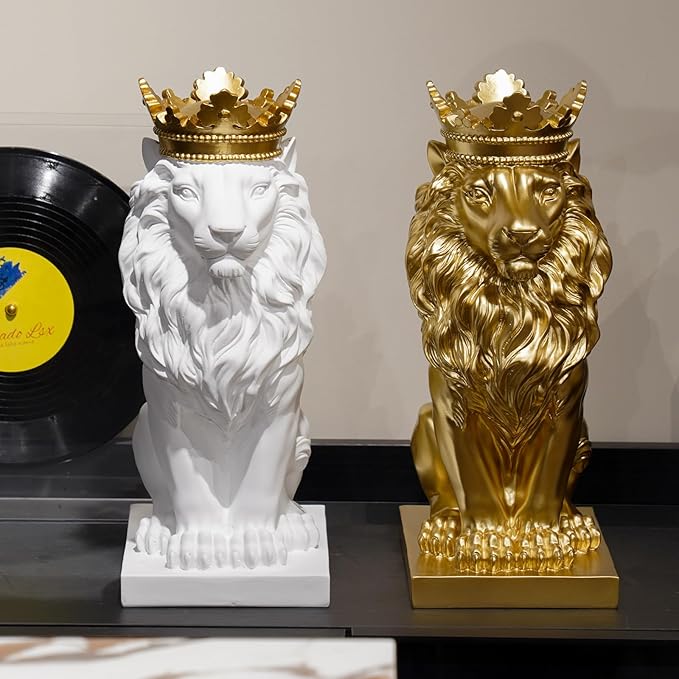 Gold Room Décor Lion Statue – 15 Inch Gold Statue Lion Figurine House Decorations with Crown Lion Statues Home Décor Lion Decoration Décor for Living Room Gold Décor 8.5 * 5.5 * 15 Inch