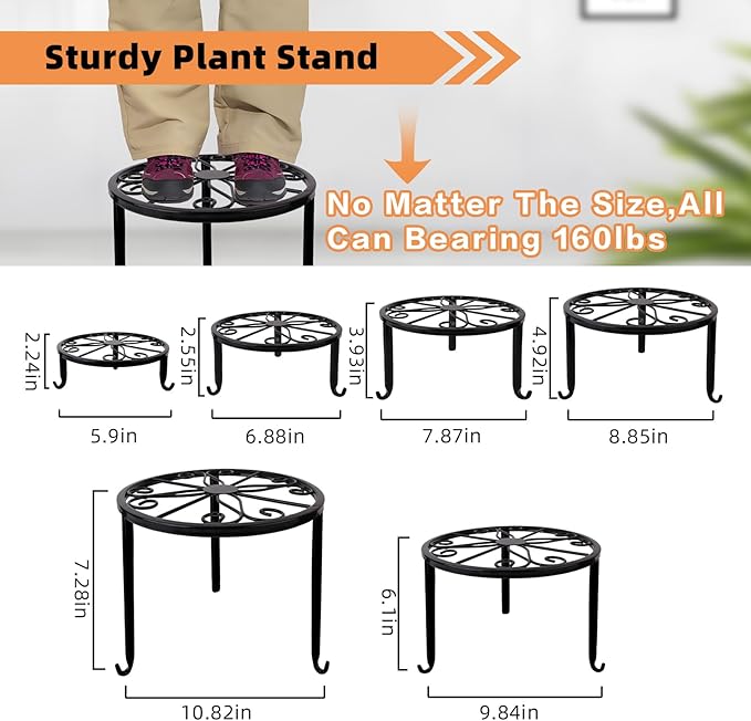 6-Pack Metal Plant Stand,Heavy Duty Flower Pot Stands for Multiple Plant,Outdoor Anti-Rust Plant Pot Shelf, Round Plant Holder for Outdoor/Indoor Planter, Living Room, Balcony Decor (6PACK BLACK)