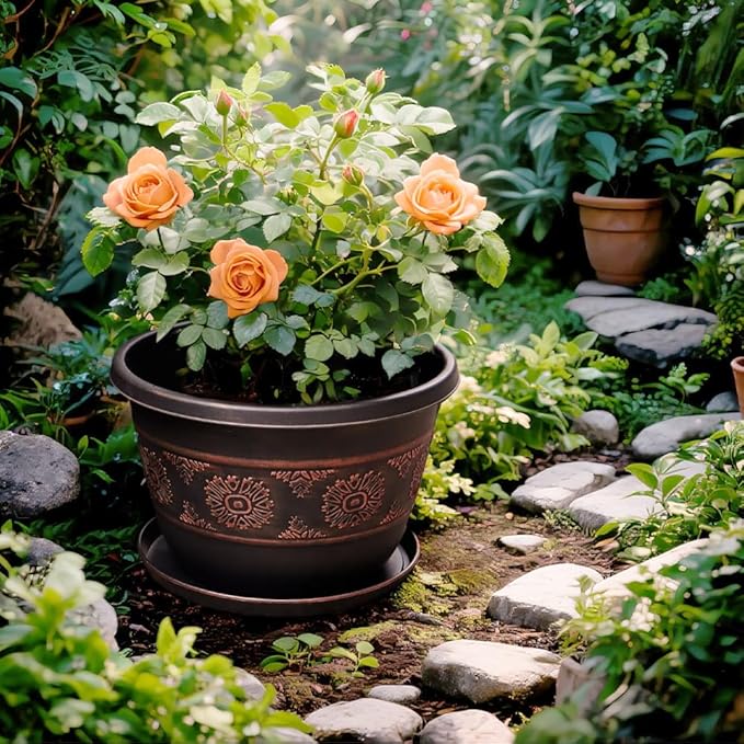 4 Pack 10 inch Plant Pots, Retro Pattern Planters with Drainage Holes and Saucer, Sturdy Plastic Garden Flower Pots for Indoor & Outdoor Plants