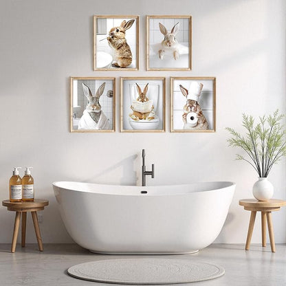 Vodefoad Funny Bunny Bathroom Wall Art 5pcs Bundle Easter Rabbit Posters Animal - Image 2
