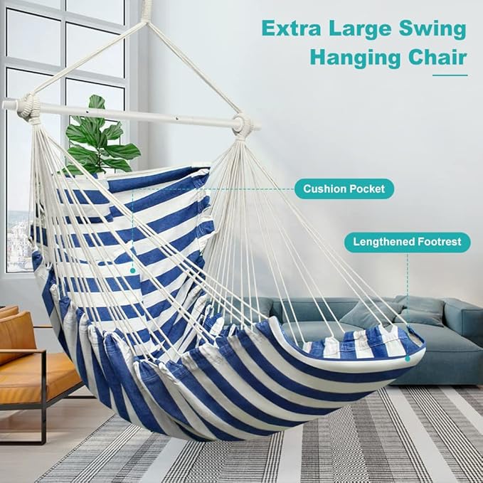 Hammock Chair, Hanging Chair with 3 Cushions and Foot Rest Support, Sturdy Metal Spreader Bar Max 440 Lbs, Swing Chair for Bedroom, Indoor & Outdoor, Patio, Porch or Tree（Blue and White）