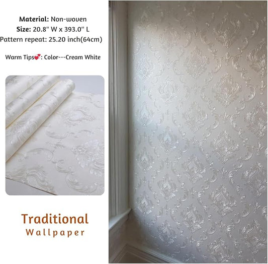 Vintage Embossed Textured Floral Traditional Wallpaper Cream White Decorative - Image 2
