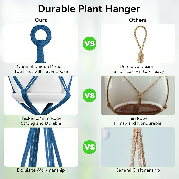 USLAI Macrame Plant Hanger Indoor Outdoor, Up to 4-15 inch Pot, Heavy 20lb Planters, Extra Long Strong Hanging Planter Basket Holder, Boho Home Decor, 35+72 Inch, Blue (POTS NOT Included)