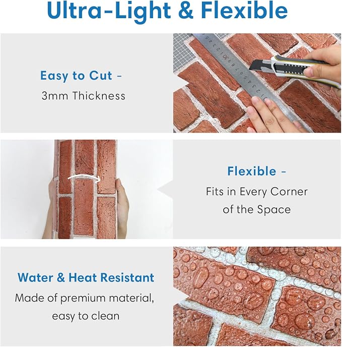 COMSTICKC 3D Red Faux Brick Wall Panel Peel and Stick, Not Real Tile, Small - Image 5