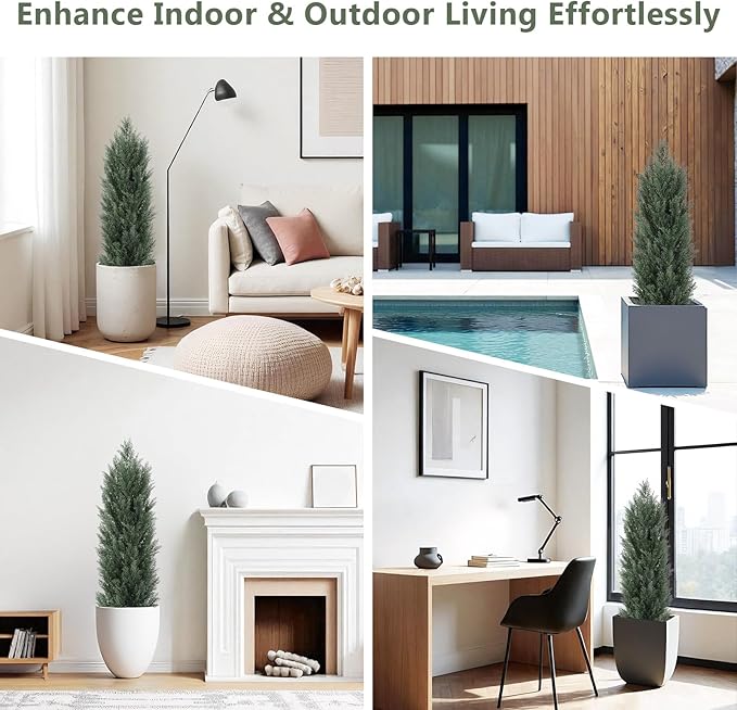 THE BLOOM TIMES 4ft Topiary Trees Artificial Outdoor 2 Pack – UV Resistant Faux Cedar Pine Cypress Bushes and Shrubs, Fake Potted Plants for Front Porch Outside Planter Patio Decor, Set of 2 (4 Foot)