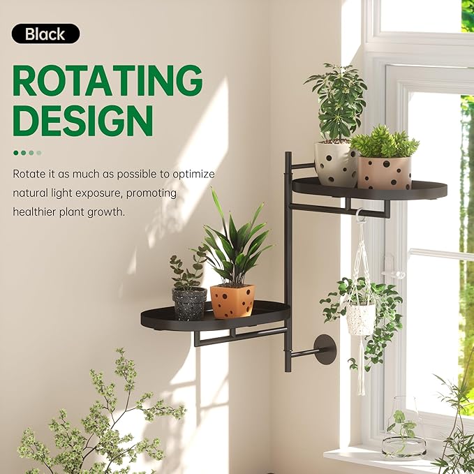 Rotating Window Plant Shelves for Multiple Plants Indoors,2-tier Metal Corner Black Plant Stand Holder Floating Plant Shelf for Wall，Windows Sill Gifts for Plant Lovers to Enhance Home Decor