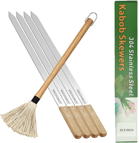 23.5" Long Skewers for Grilling,1 Inch Wide,304 Stainless Steel Skewer for Kabobs with Wood Handle,Heavy-Duty Metal Flat Barbecue Skewer Set Includes 4PCS BBQ Skewers,1PCS BBQ Mop Brush
