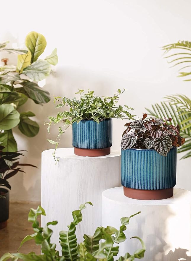 LE TAUCI Ceramic Plant Pots with Drainage Holes, Set of 3, 8+6.7+5.5 Inch Stripe Garden Planter Pots for Outdoor Indoor Plants Flower, Round Succulent Orchid Flower Pot, Reactive Glaze Black