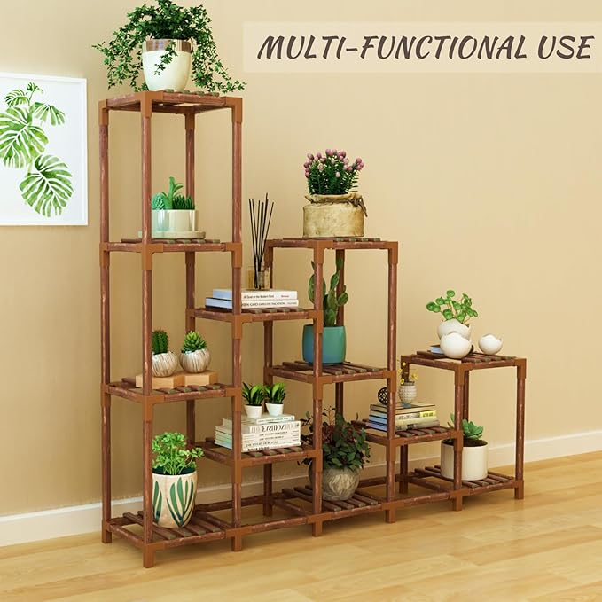 Plant Stand Indoor Outdoor, 12 Tier Plant Shelf for Multiple Plants, Large Wood Plant Shelf Combo Ideal for Gardens, Patios, and Lawns